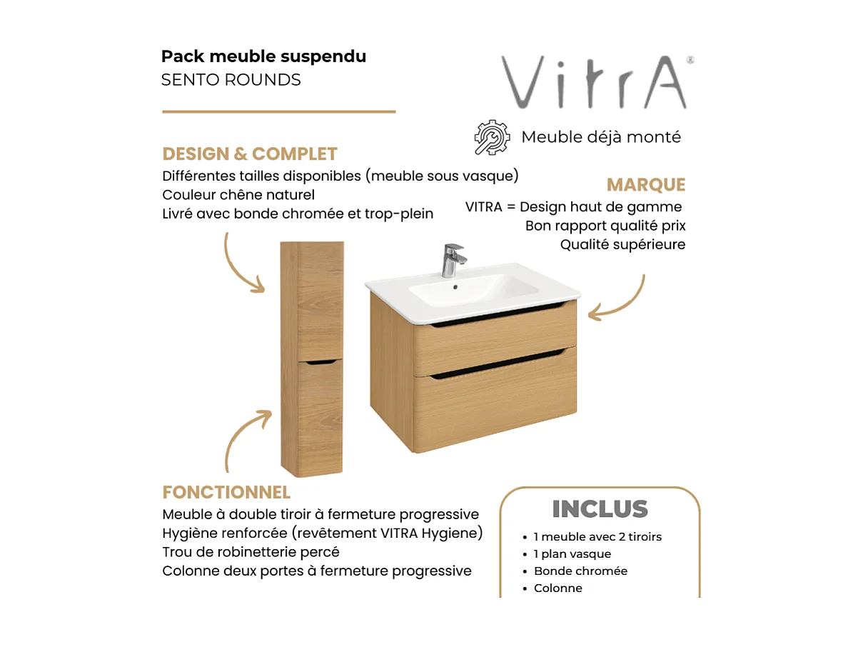 Meuble vasque suspendu VITRA Sento Round 100cm Chêne naturel doré + Colonne version gauche