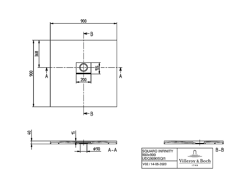 Receveur antidérapant 90 x 90 VILLEROY ET BOCH Squaro Infinity quaryl carré edelweiss