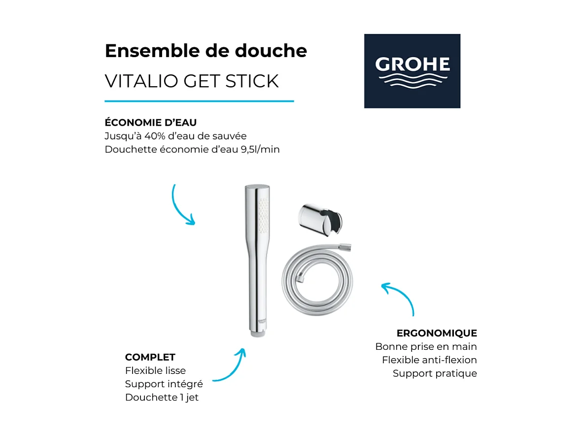 Pack douchette 1 jet GROHE Vitalio Get Stick + Flexible de douche VitalioFlex Comfort 1750 + Support mural Vitalio Universal GROHE chromé