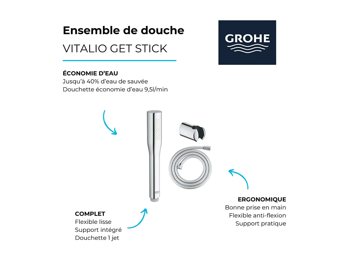 Pack douchette 1 jet GROHE Vitalio Get Stick + Flexible de douche VitalioFlex Comfort + Support mural Vitalio Universal chromé