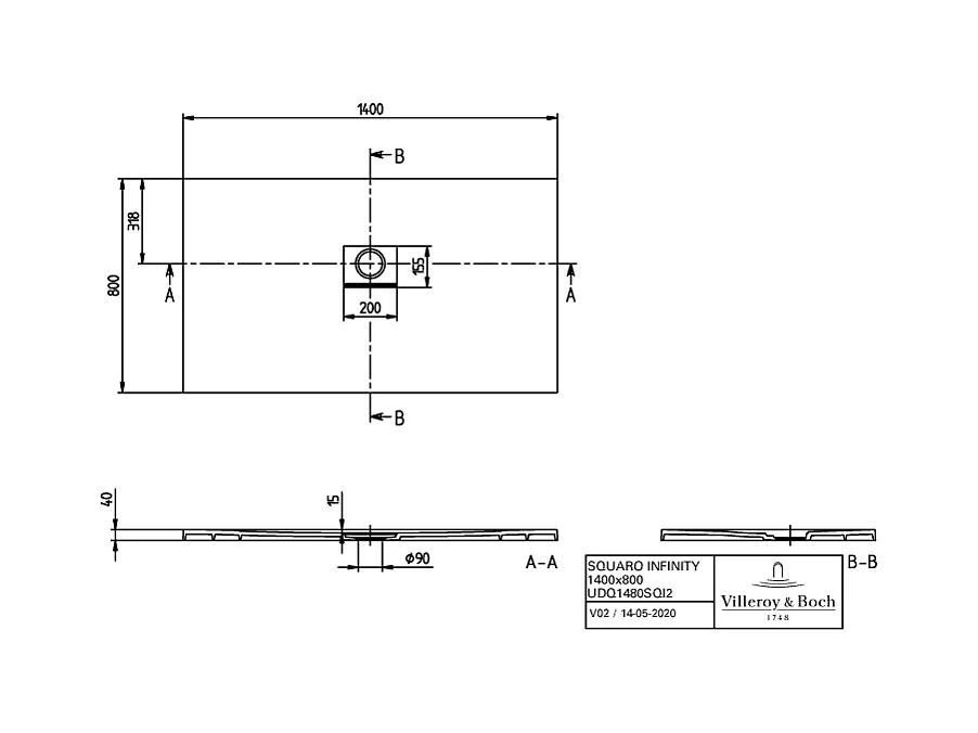 Receveur antidérapant 140 x 80 VILLEROY ET BOCH Squaro Infinity quaryl rectangle edelweiss