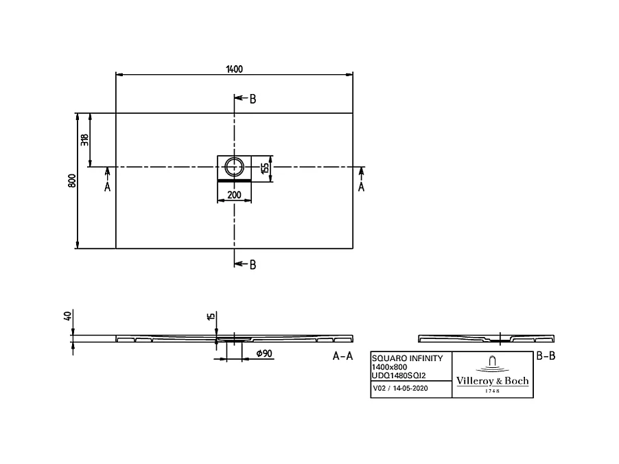 Receveur antidérapant 140 x 80 VILLEROY ET BOCH Squaro Infinity quaryl rectangle edelweiss