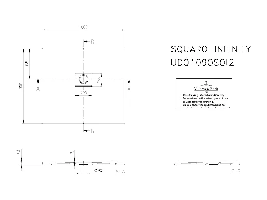 Receveur antidérapant 100 x 90 VILLEROY ET BOCH Squaro Infinity quaryl rectangle edelweiss