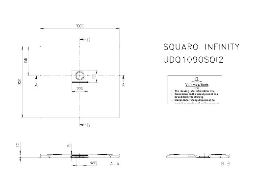 Receveur antidérapant 100 x 90 VILLEROY ET BOCH Squaro Infinity quaryl rectangle edelweiss