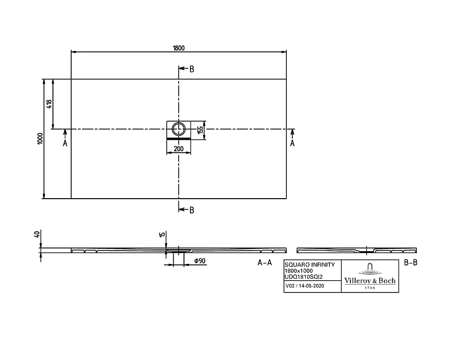 Receveur antidérapant 180 x 100 VILLEROY ET BOCH Squaro Infinity quaryl rectangle edelweiss
