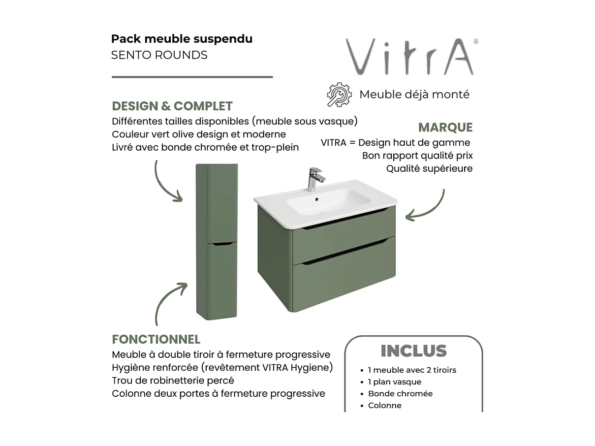 Meuble vasque suspendu VITRA Sento Round 120cm Vert mat + Colonne version droite