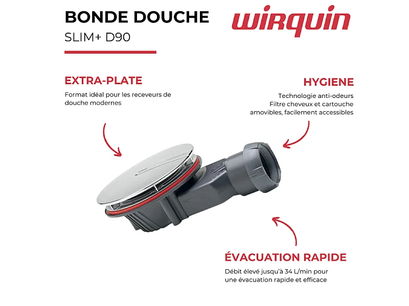 Bonde de douche extra-plate WIRQUIN Slim+ D90 dôme métal chromé