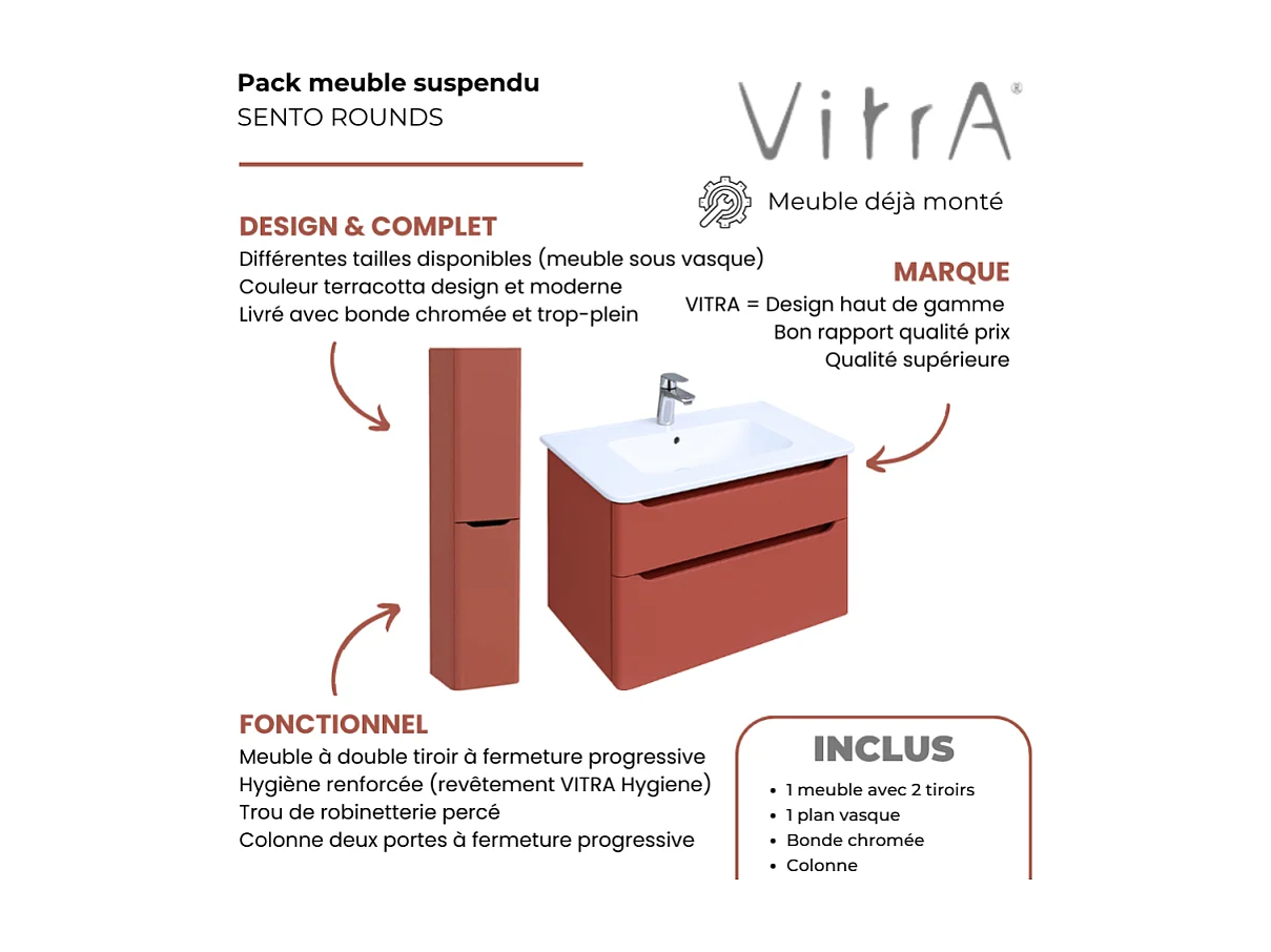 Meuble vasque suspendu VITRA Sento Round 120cm Terracotta mat + Colonne version droite