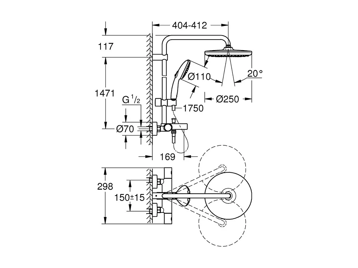 Grohe Vitalio Start System 250 colonne de douche thermostatique bain/douche + douche de tête + douchette à main, noir mat (G269882431)