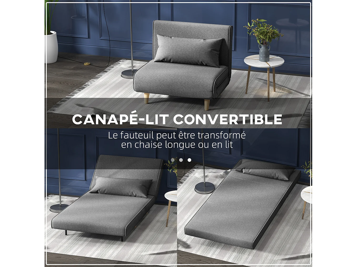 Fauteuil convertible chauffeuse style nordique dossier réglable coussin inclus gris