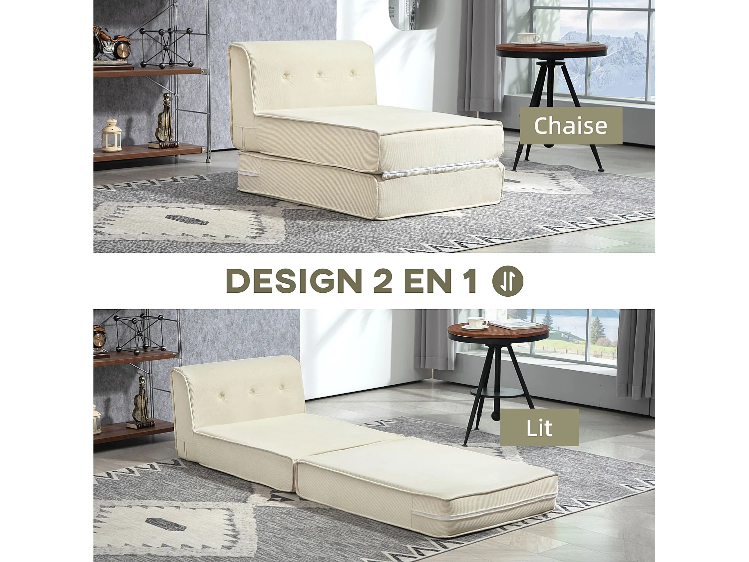 Matelas lit fauteuil futon chauffeuse pliable pliant longueur 195 cm velours côtelé crème