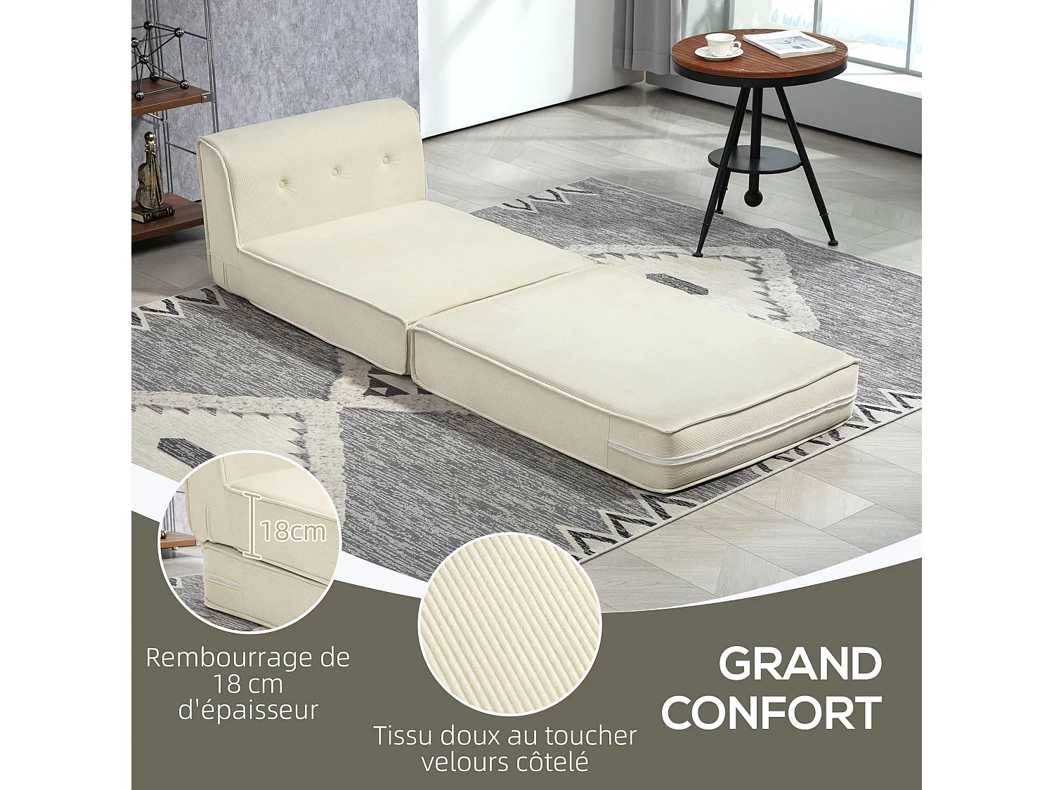 Matelas lit fauteuil futon chauffeuse pliable pliant longueur 195 cm velours côtelé crème