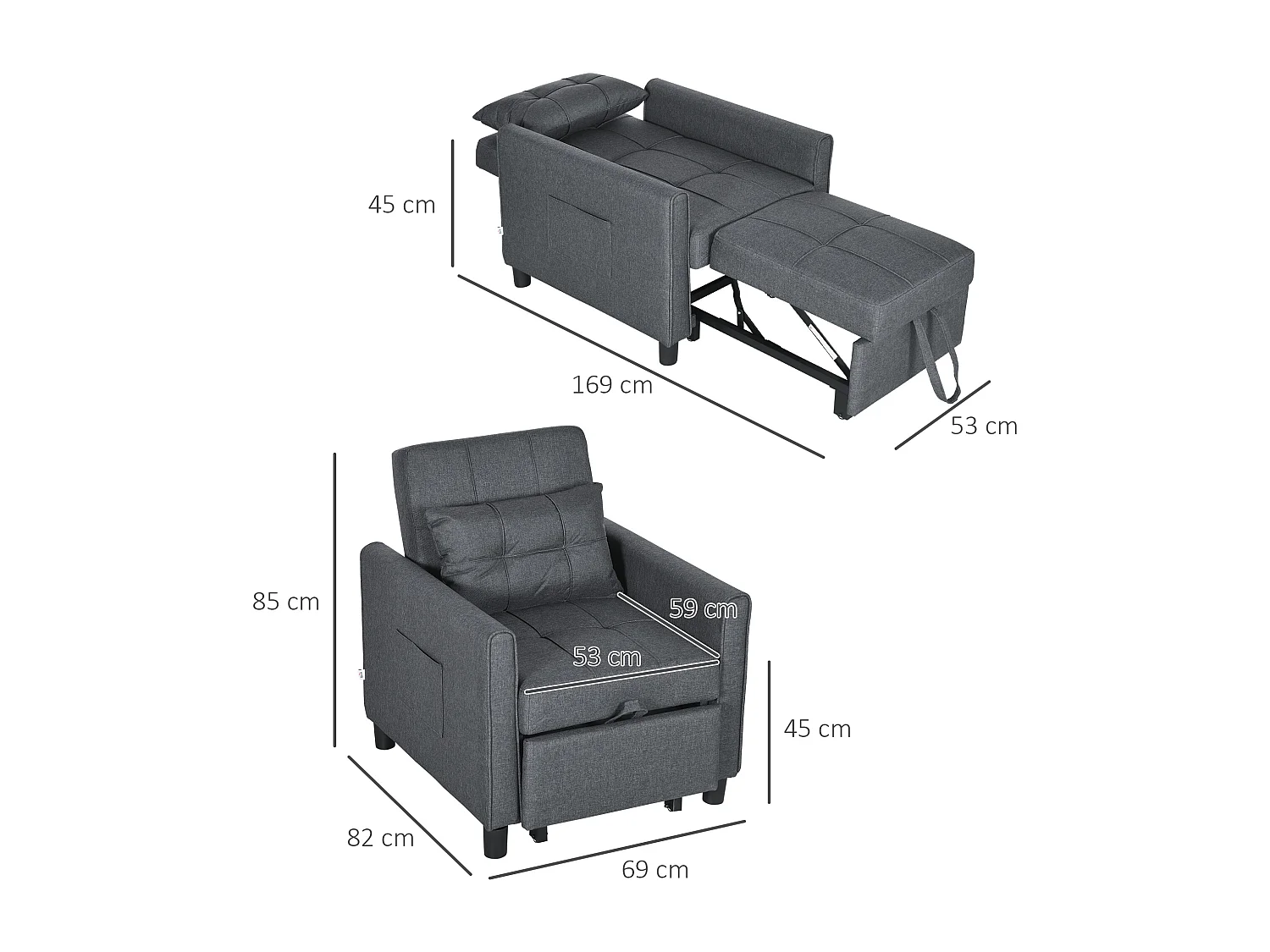 Fauteuil convertible 3 en 1 chaise longue lit dossier inclinable 3 positions coussin gris
