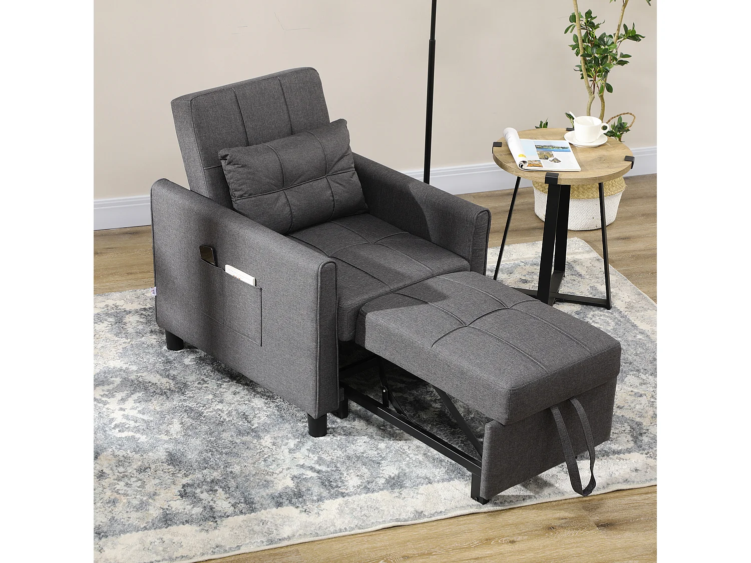 Fauteuil convertible 3 en 1 chaise longue lit dossier inclinable 3 positions coussin gris