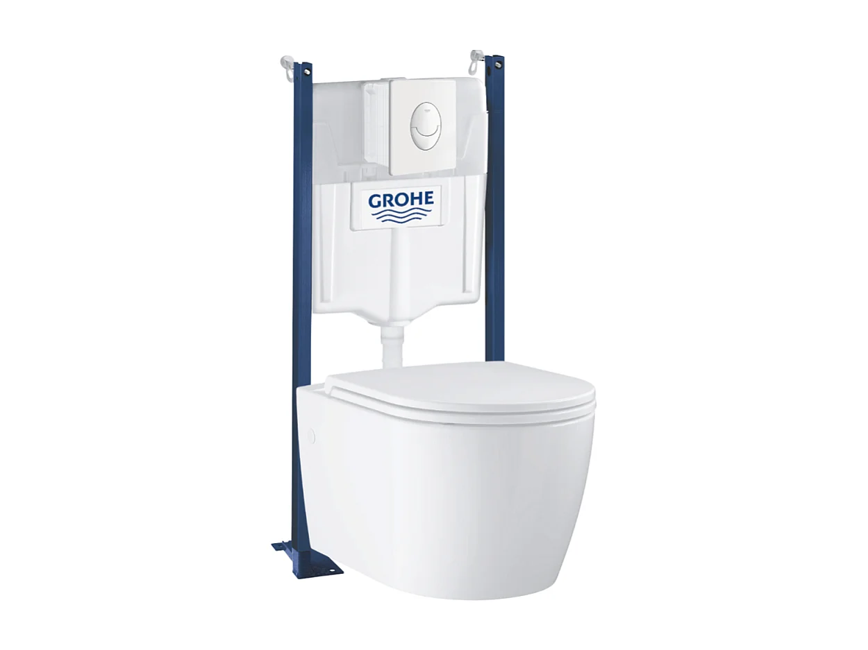 Pack WC suspendu sans bride GROHE Start Round Ceramic  + abattant frein de chute + Bâti-support mur + Plaque blanc alpin