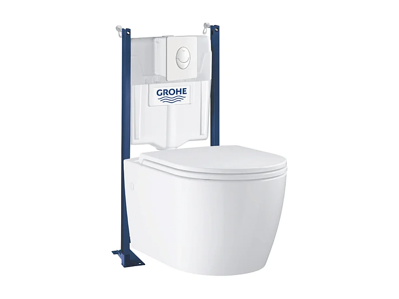 Pack WC suspendu sans bride GROHE Start Round Ceramic  + abattant frein de chute + Bâti-support mur + Plaque blanc alpin
