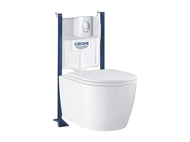 Pack WC suspendu sans bride GROHE Start Round Ceramic  + abattant frein de chute + Bâti-support mur + Plaque chromé