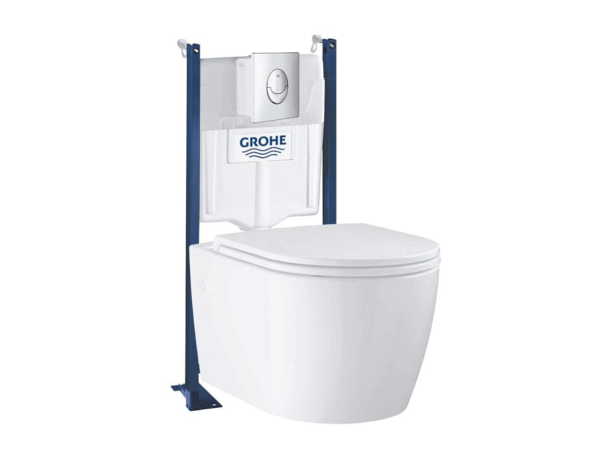 Pack WC suspendu sans bride GROHE Start Round Ceramic  + abattant frein de chute + Bâti-support mur + Plaque chromé