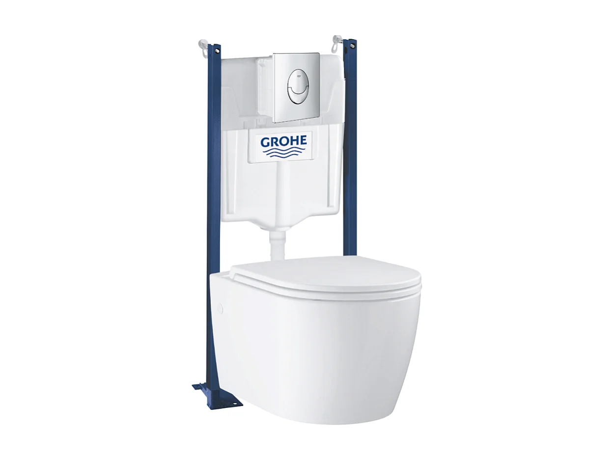 Pack WC suspendu sans bride GROHE Start Round Ceramic  + abattant frein de chute + Bâti-support mur + Plaque chromé
