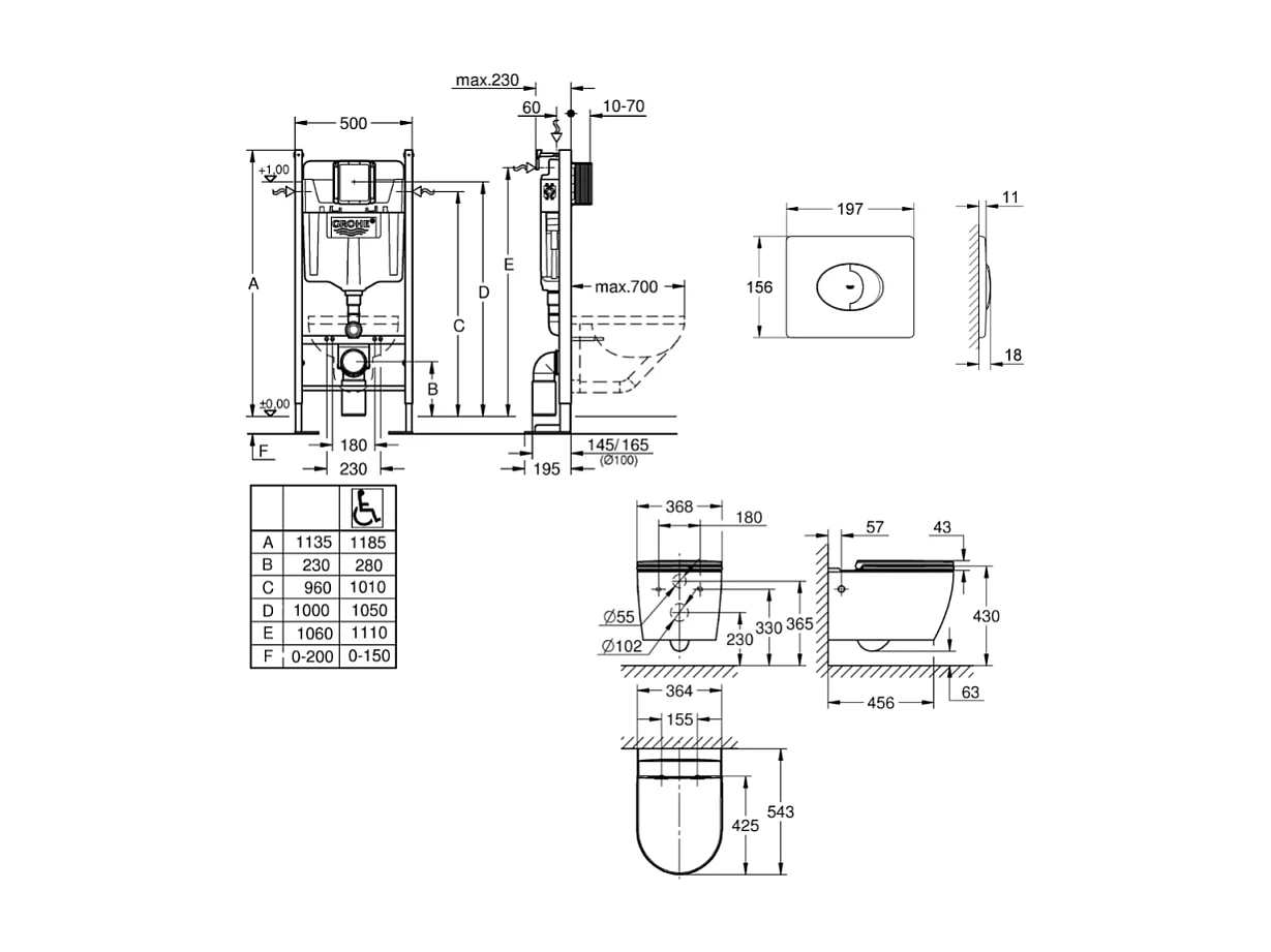 Pack WC suspendu sans bride GROHE Start Round Ceramic  + abattant frein de chute + Bâti-support mur + Plaque chromé