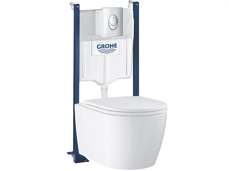Pack WC suspendu sans bride GROHE Start Round Ceramic  + abattant frein de chute + Bâti-support mur + Plaque chromé
