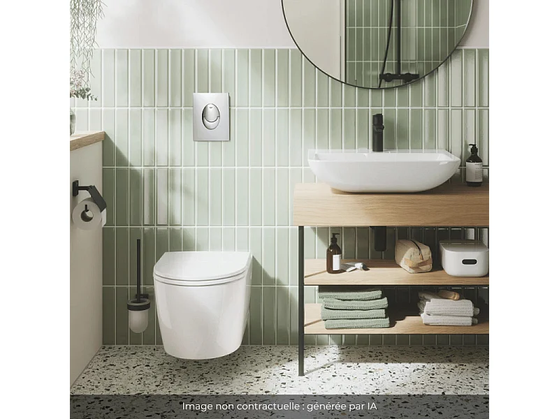 Pack WC suspendu sans bride GROHE Start Round Ceramic  + abattant frein de chute + Bâti-support mur + Plaque chromé