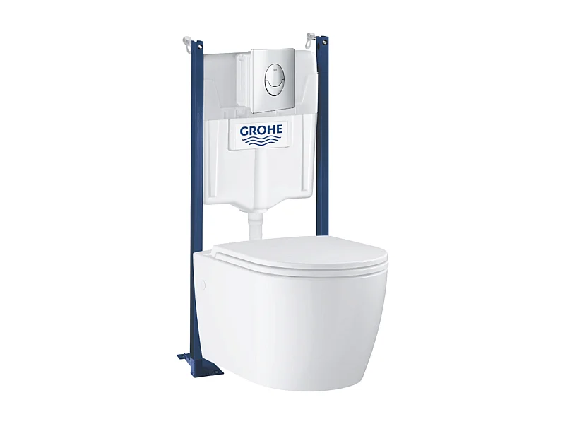 Pack WC suspendu sans bride GROHE Start Round Ceramic  + abattant frein de chute + Bâti-support mur + Plaque chromé