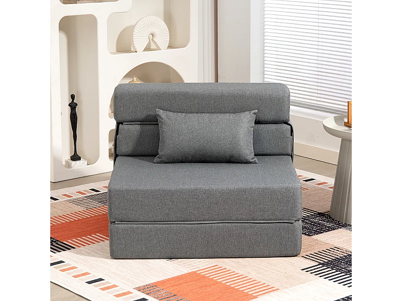 Chauffeuse futon grand confort avec coussin tissu toucher lin gris