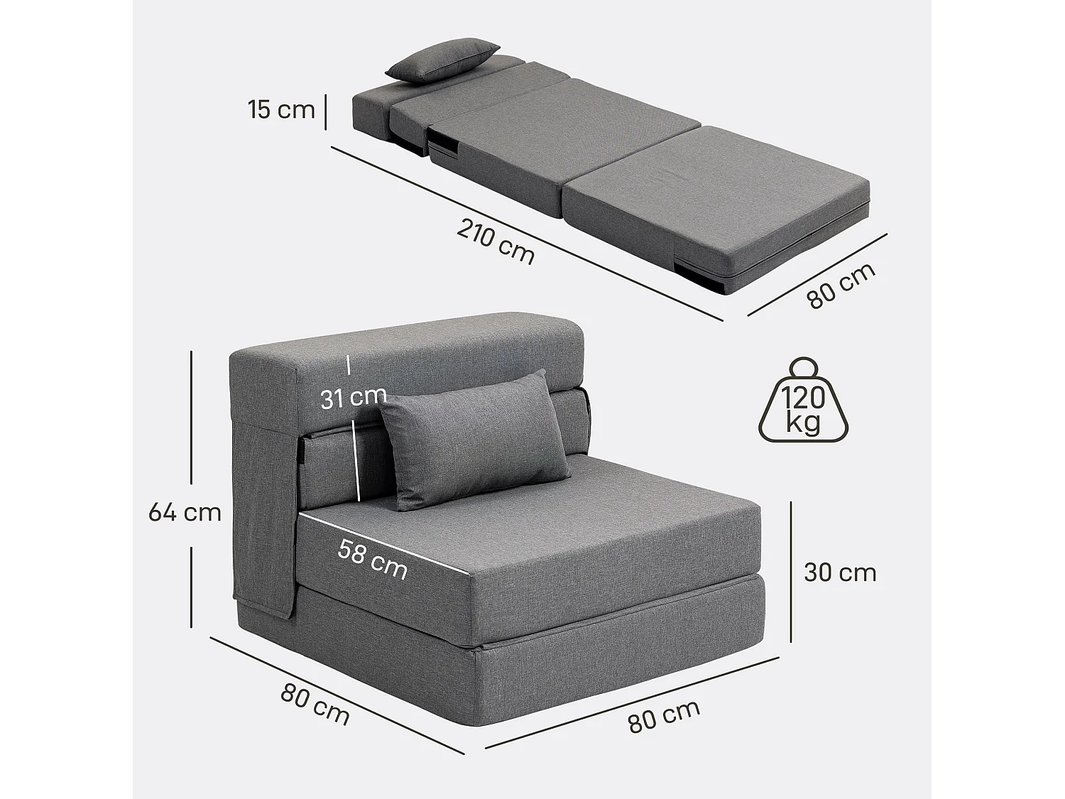 Chauffeuse futon grand confort avec coussin tissu toucher lin gris