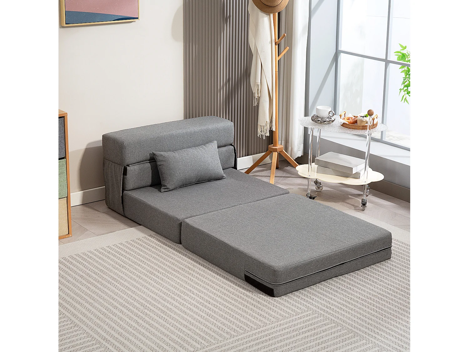 Chauffeuse futon grand confort avec coussin tissu toucher lin gris