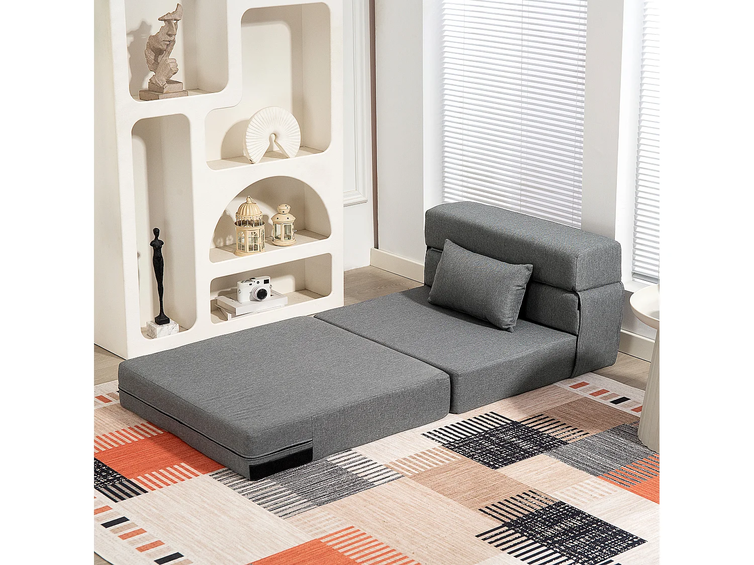 Chauffeuse futon grand confort avec coussin tissu toucher lin gris