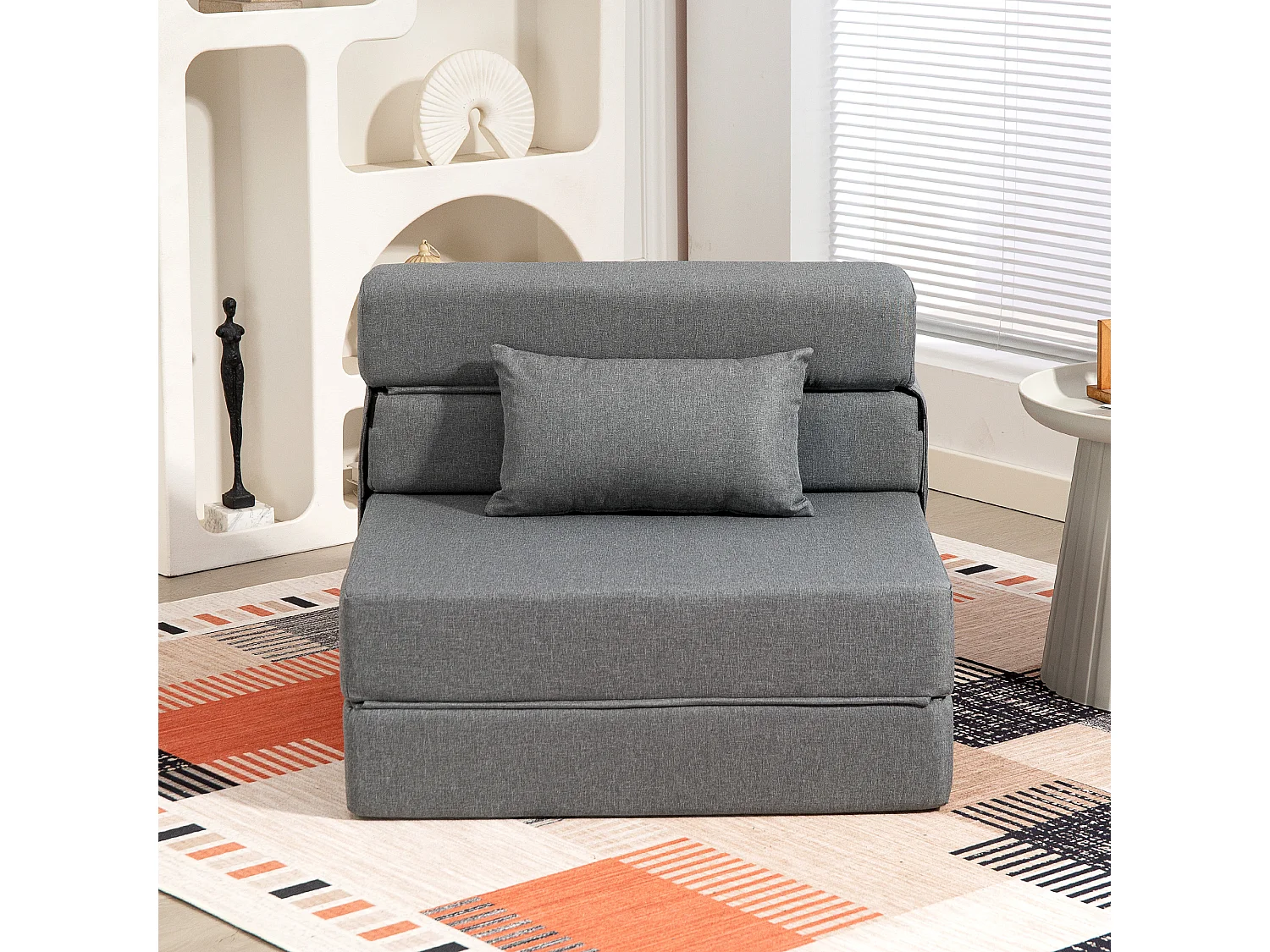 Chauffeuse futon grand confort avec coussin tissu toucher lin gris