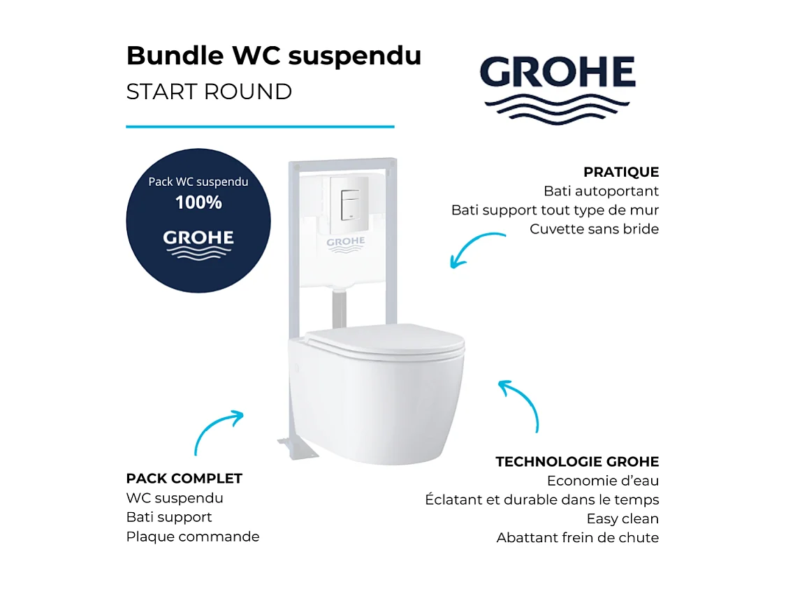 Pack WC suspendu sans bride Start Round Ceramic  + abattant frein de chute + Bâti-support autoportant + Plaque carré blanc alpin