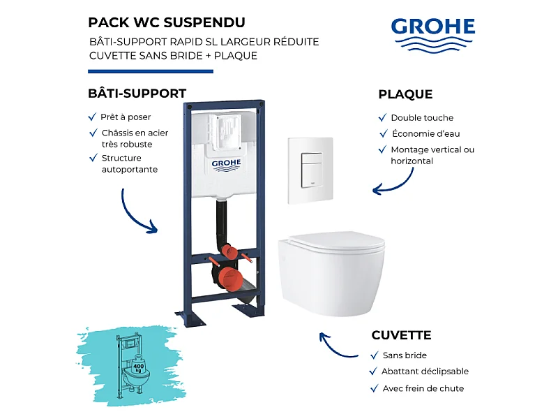 Pack WC suspendu sans bride Start Round Ceramic  + abattant frein de chute + Bâti-support autoportant + Plaque carré blanc alpin