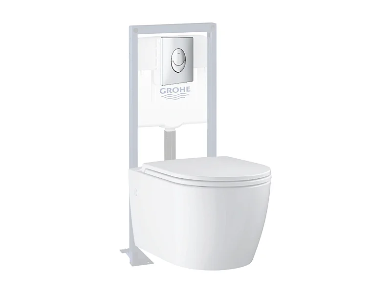 Pack WC suspendu sans bride GROHE Start Round Ceramic + Abattant frein de chute + Bati support autoportant + Plaque carré chromé