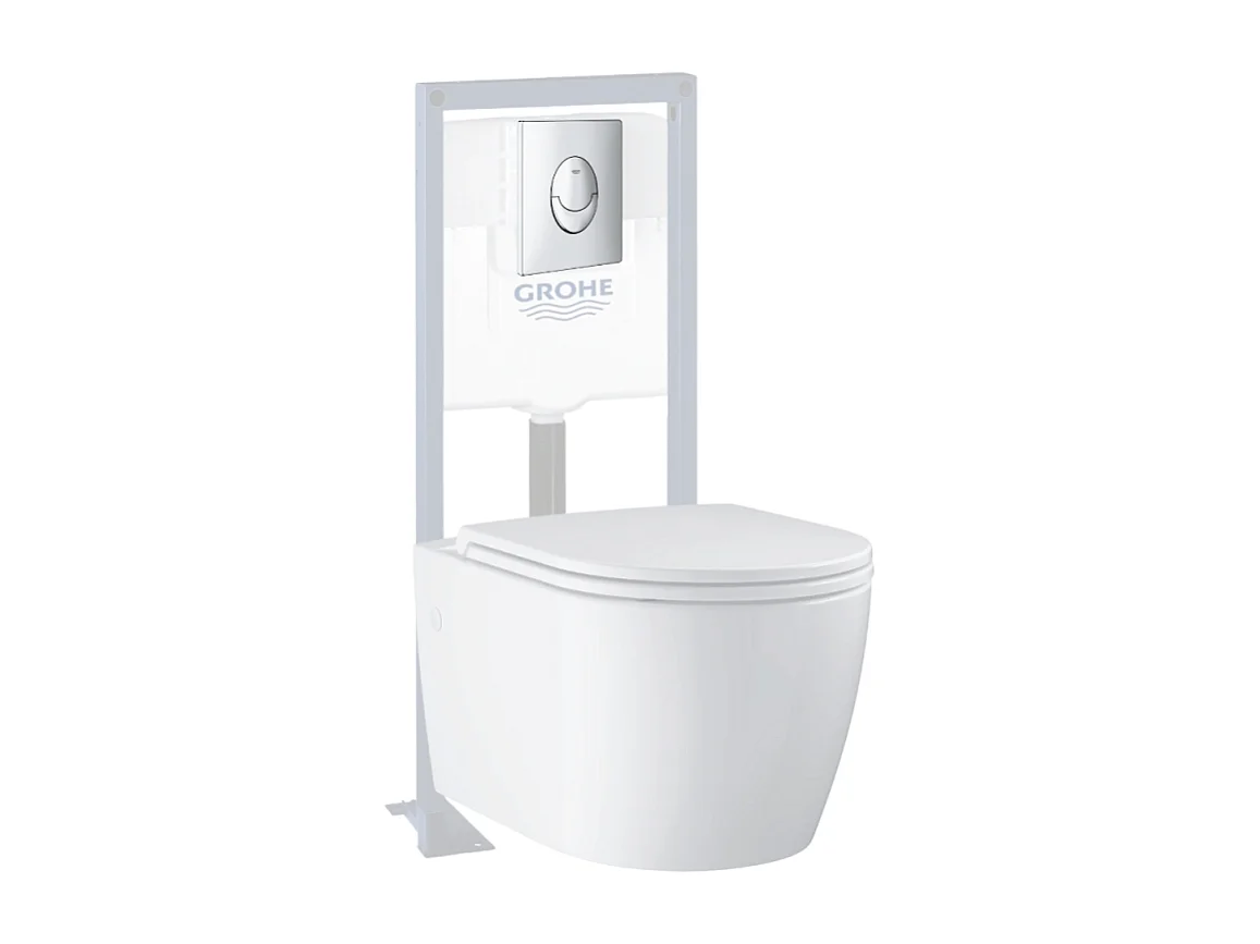 Pack WC suspendu sans bride GROHE Start Round Ceramic + Abattant frein de chute + Bati support autoportant + Plaque carré chromé