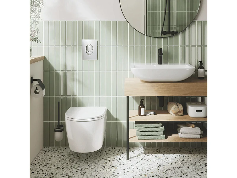 Pack WC suspendu sans bride GROHE Start Round Ceramic + Abattant frein de chute + Bati support autoportant + Plaque carré chromé