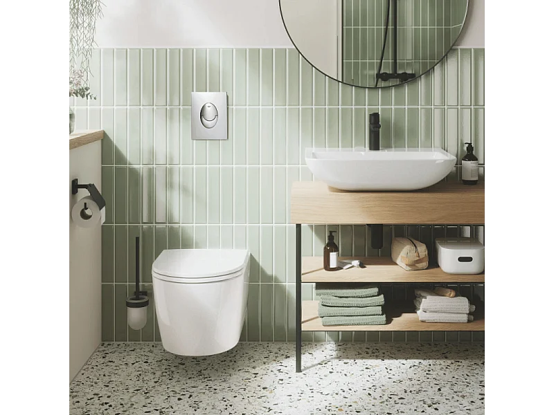 Pack WC suspendu sans bride GROHE Start Round Ceramic + Abattant frein de chute + Bati support autoportant + Plaque carré chromé