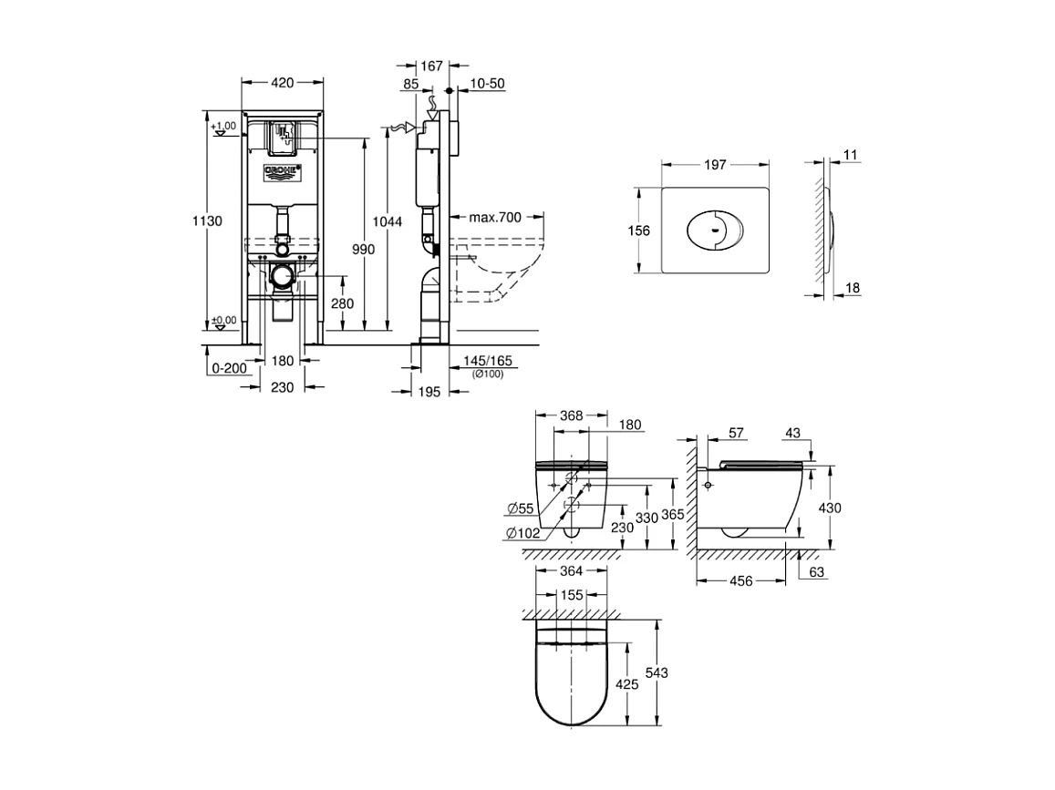 Pack WC suspendu sans bride GROHE Start Round  + abattant frein de chute + Bâti-support autoportant + Plaque blanc alpin