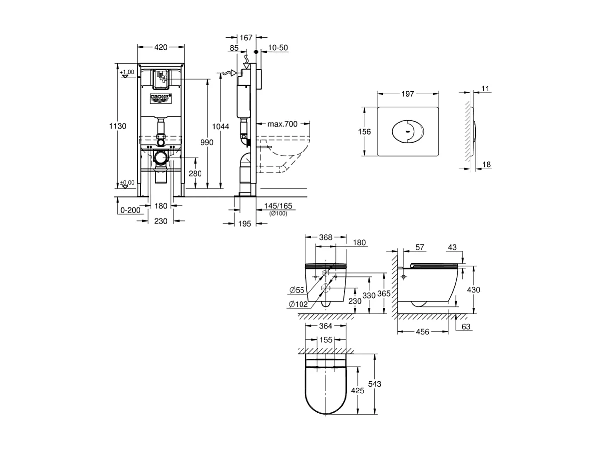 Pack WC suspendu sans bride GROHE Start Round  + abattant frein de chute + Bâti-support autoportant + Plaque blanc alpin
