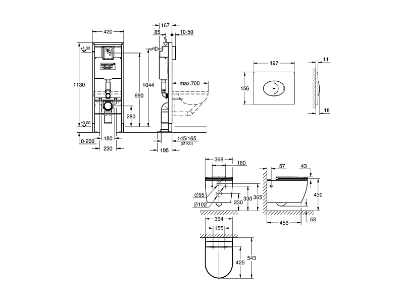 Pack WC suspendu sans bride GROHE Start Round  + abattant frein de chute + Bâti-support autoportant + Plaque blanc alpin