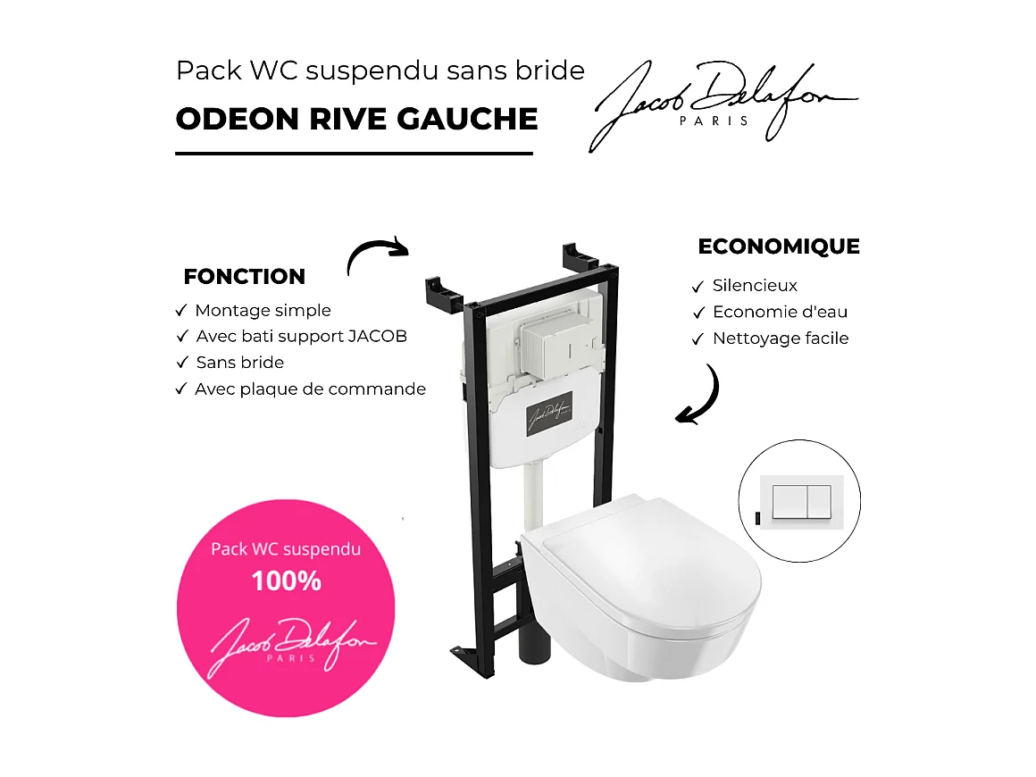 Pack WC suspendu sans bride JACOB DELAFON Odéon Rive Gauche + bâti support + plaque avec abattant standard