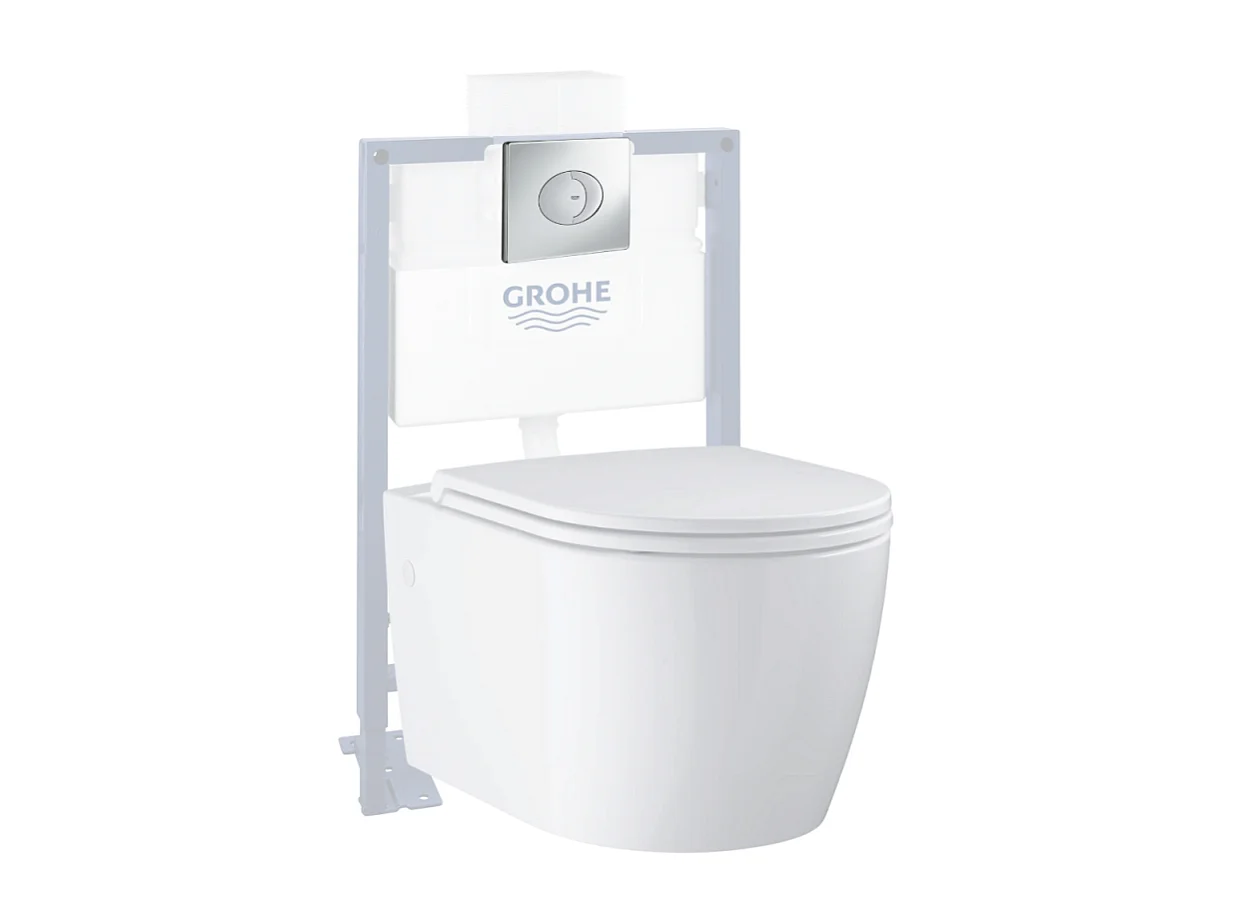 Pack WC suspendu sans bride GROHE Start Round Ceramic  + Bati support hauteur réduite universel mur-sol + Plaque carré chromé