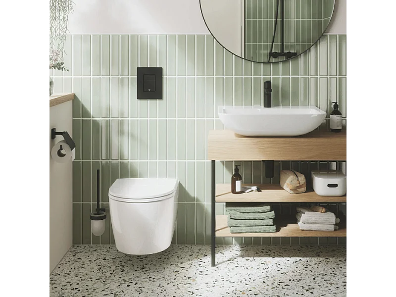 Pack WC suspendu sans bride GROHE Start Round Ceramic  + Bati support hauteur réduite universel mur-sol + Plaque carré chromé