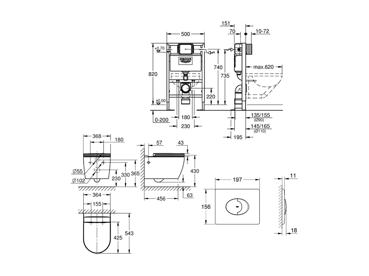 Pack WC suspendu sans bride GROHE Start Round Ceramic  + Bati support hauteur réduite universel mur-sol + Plaque carré chromé