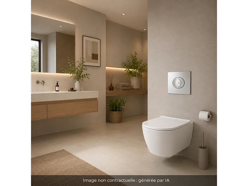 Pack WC suspendu sans bride GROHE Start Round Ceramic  + Bati support hauteur réduite universel mur-sol + Plaque carré chromé