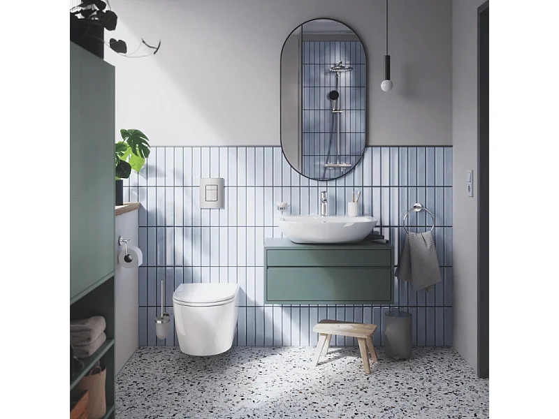 Pack WC suspendu sans bride GROHE Start Round Ceramic  + Bati support hauteur réduite universel mur-sol + Plaque carré chromé