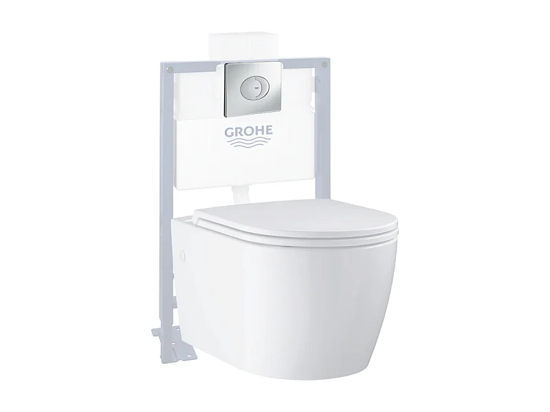 Pack WC suspendu sans bride GROHE Start Round Ceramic  + Bati support hauteur réduite universel mur-sol + Plaque carré chromé