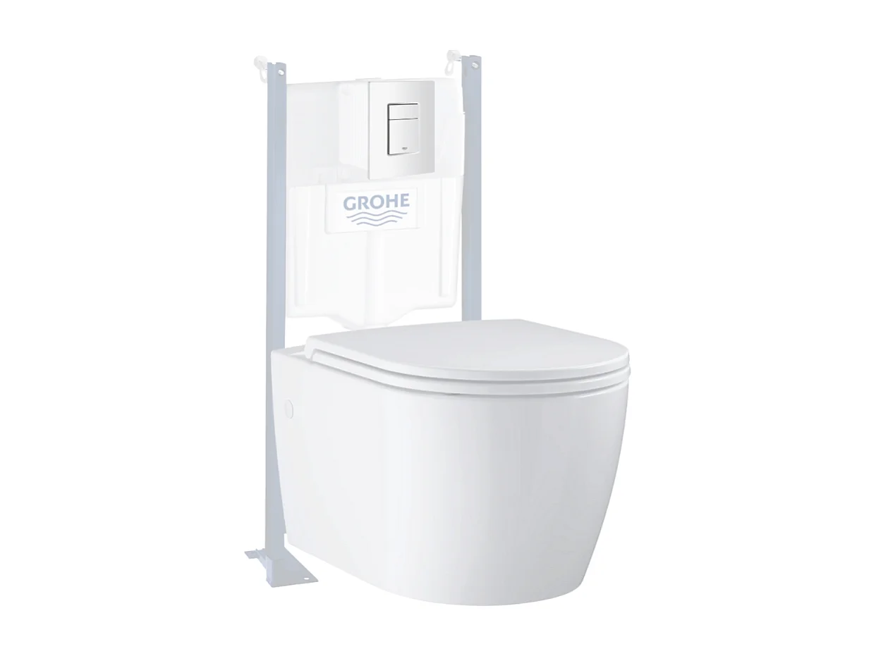 Pack WC suspendu sans bride GROHE Start Round Ceramic  + Abattant frein de chute + Bati support mur + Plaque carré blanc alpin
