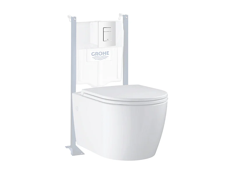 Pack WC suspendu sans bride GROHE Start Round Ceramic  + Abattant frein de chute + Bati support mur + Plaque carré blanc alpin